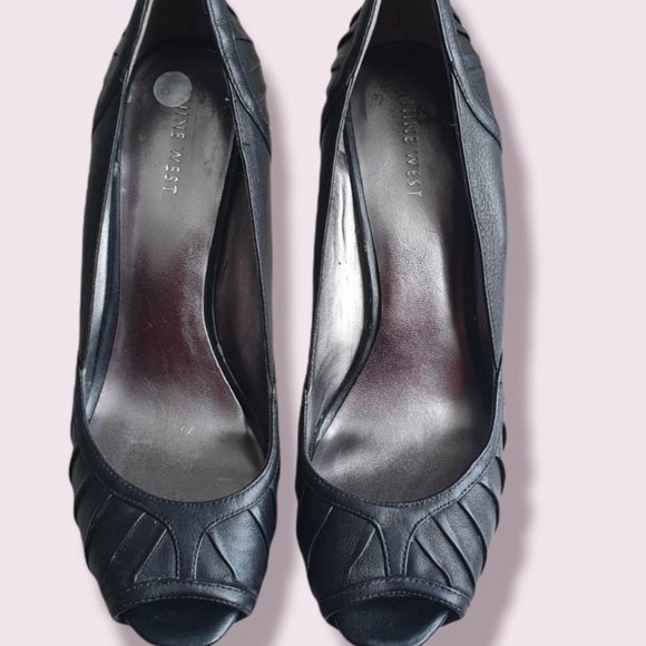 Nine West Black Satin Peep Toe Pumps size 8.5 heel 4" - Picture 3 of 7